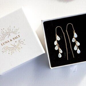 Rainbow Moonstone Ear Threaders Blue Flash Moonstone Dangle Earrings Waterproof